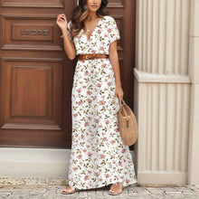 Women Slim Floral Print Long Dresses With Belt Summer V Neck 2pcs A Line Maxi Dress Female Short Sleeve Streetwear Dresses