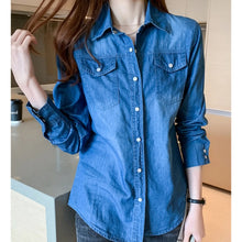 Summer Lady Denim Blouse Cotton Lapel Rolled Sleeve Metal Button Shirt Women Casual Single Breasted Jeans Top blusas para mujer