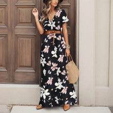 Women Slim Floral Print Long Dresses With Belt Summer V Neck 2pcs A Line Maxi Dress Female Short Sleeve Streetwear Dresses