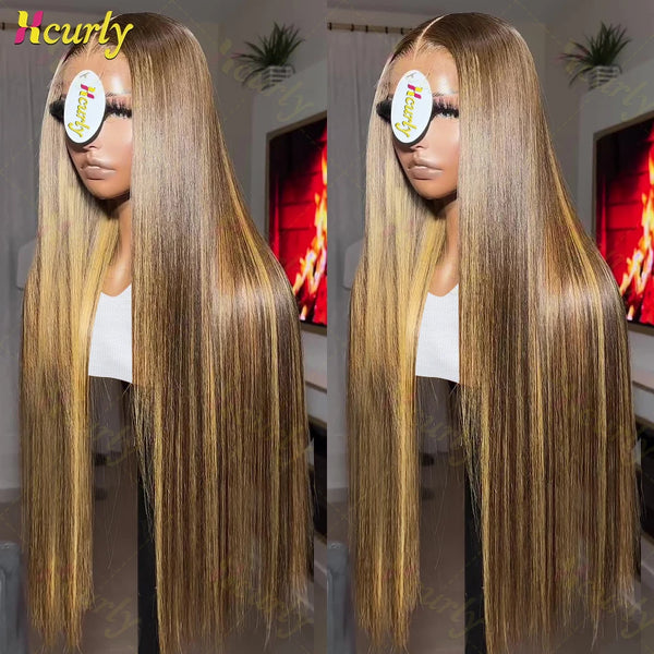 30 32 Inch Straight 13x4 Highlight Wig Human Hair 13x6 Lace Front Wig 4/27 Ombre Brown HD Transparent Lace Frontal Wig For Women