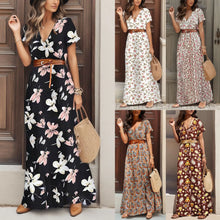 Women Slim Floral Print Long Dresses With Belt Summer V Neck 2pcs A Line Maxi Dress Female Short Sleeve Streetwear Dresses