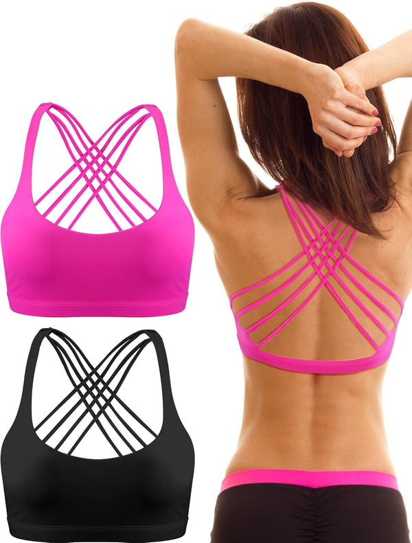 2 Pack Womens Padded Sports Bra Cross Back Bra Workout Strappy Bra Seamless Comfortable Yoga Bra