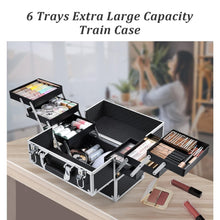 Makeup Train Case 12 Inch Large Portable Cosmetic Case - 6 Tier Trays Professional Makeup Storage Organizer Box Make up Carrier with Lockable Keys Travel Case for Women and Girls - Black