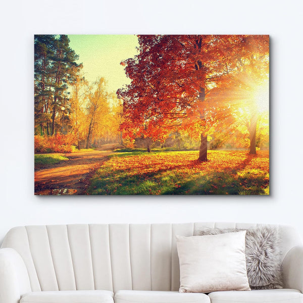 Canvas Print Wall Art Path through Red & Orange Autumn Park Nature Wilderness Photography Modern Art Rustic Scenic Colorful Multicolor for Living Room, Bedroom, Office - 16"X24"